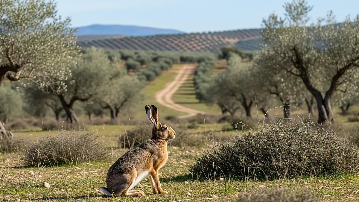 Vista detallada de una liebre ibérica mostrando sus características físicas distintivas y coloración del pelaje