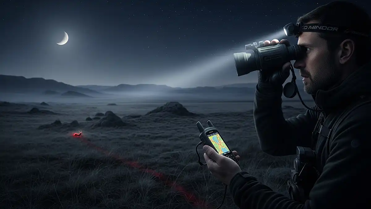 Cazador utilizando GPS, linternas UV y otros dispositivos tecnológicos para mejorar el rastreo nocturno