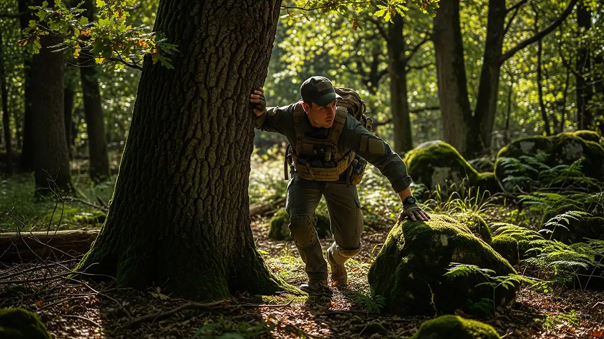 Cazador avanzando en silencio aprovechando cobertura de árboles, arbustos y rocas.